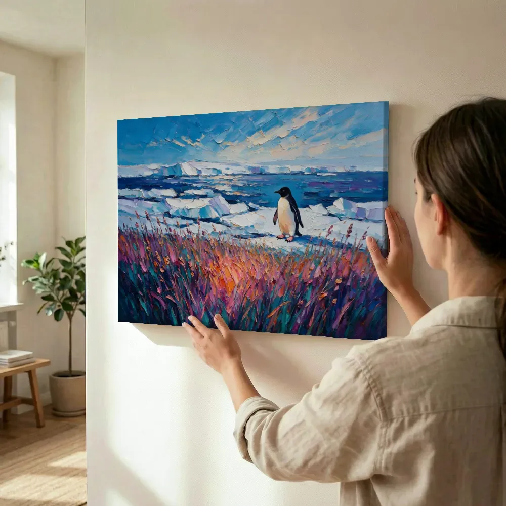 Sfeerimpressie: Pinguïn warm in het landschap tussen de grassen terwijl het omhoog wordt gehouden