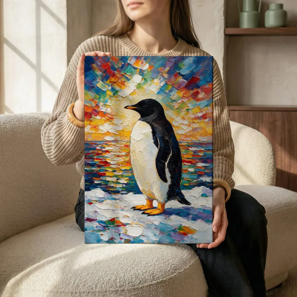 Sfeerimpressie: Pinguïn in warme pose aan het water terwijl het aan de muur wordt gehangen