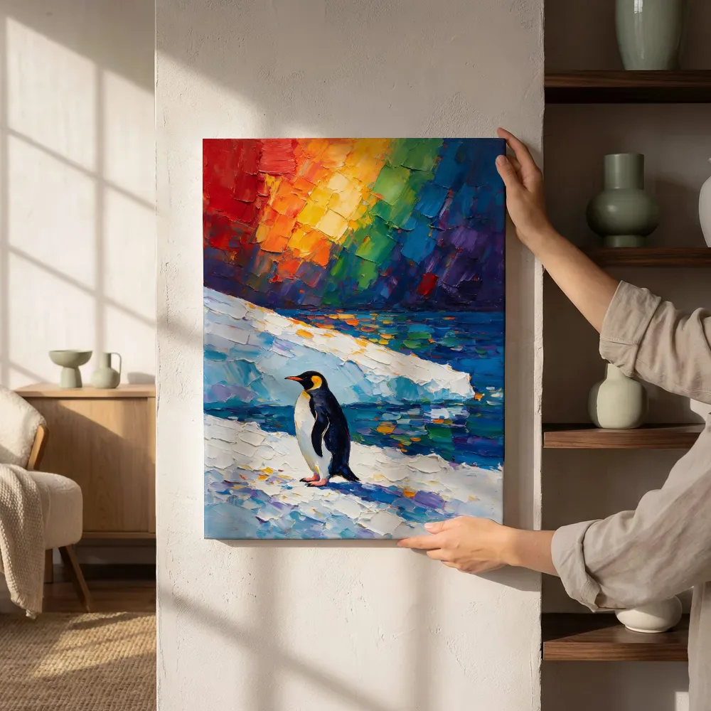 Sfeerimpressie: Pinguïn in warme pose tegen een muur in de schaduw terwijl het zittend wordt getoond