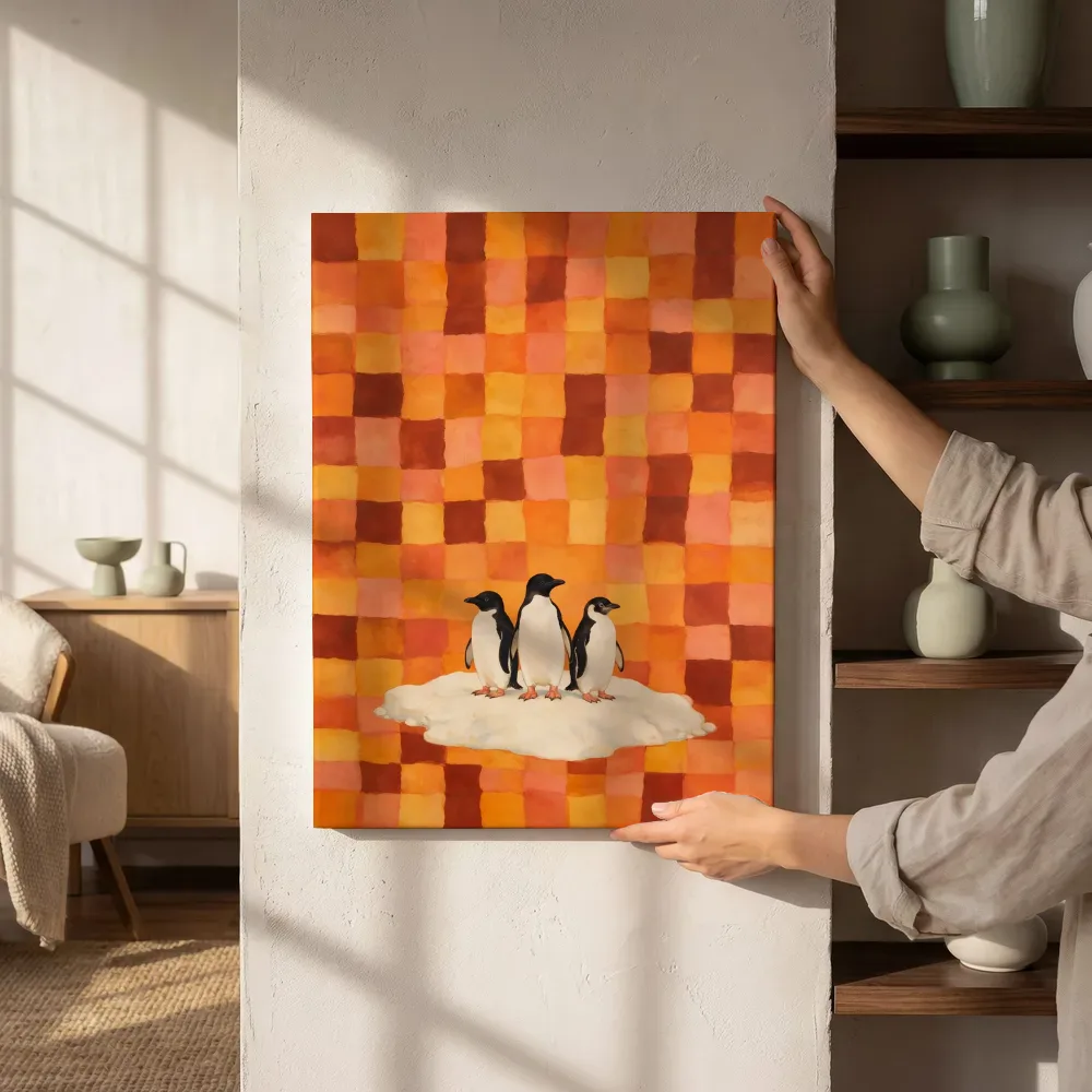 Sfeerimpressie: Pinguïn in warme kleuren bij elkaar naast de kast