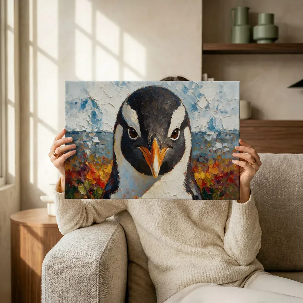 Sfeerimpressie: Pinguïn portret diep in een bloementuin terwijl het omhoog wordt gehouden