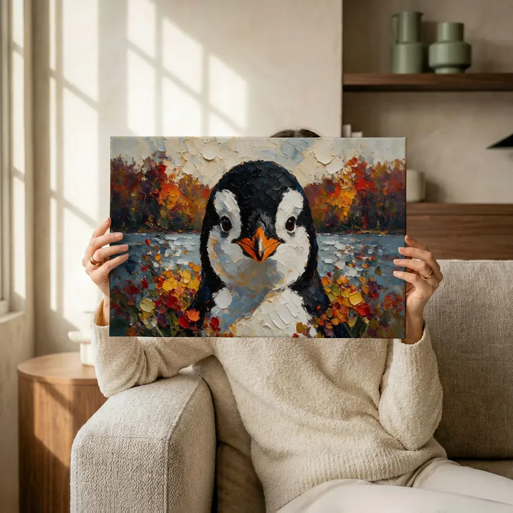 Sfeerimpressie: Pinguïn portret donker in een bloementuin terwijl het wordt opgehangen