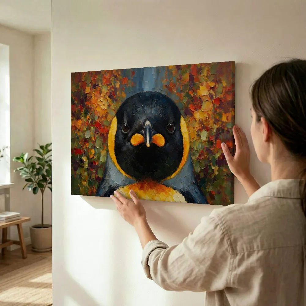 Sfeerimpressie: Pinguïn portret warm in een bloementuin terwijl het wordt opgehangen