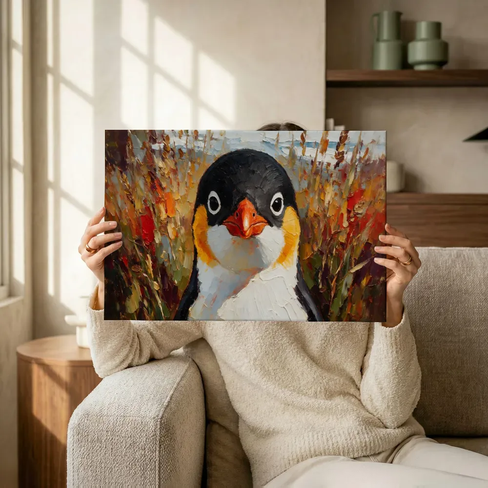 Sfeerimpressie: Pinguïn portret tussen de grassen in warm oranje terwijl het omhoog wordt gehouden