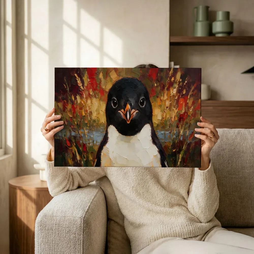 Sfeerimpressie: Pinguïn portret tussen de grassen terwijl het omhoog wordt gehouden