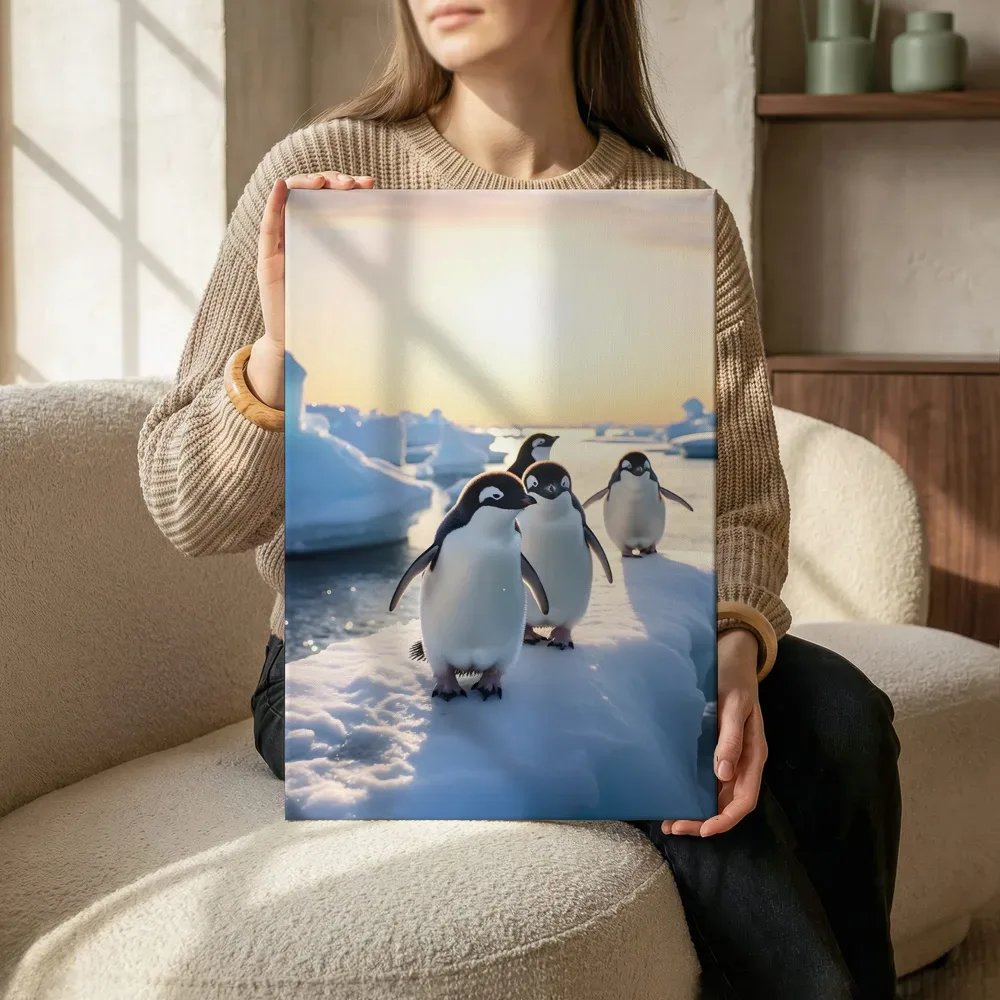 Sfeerimpressie: Pinguïns op ijs bij zonsondergang terwijl het zittend wordt getoond