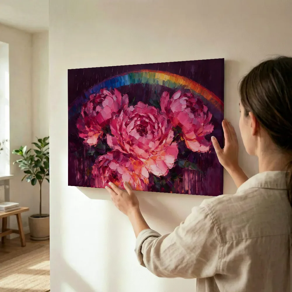 Sfeerimpressie: Pioen van dichtbij in fuchsia terwijl het wordt opgehangen