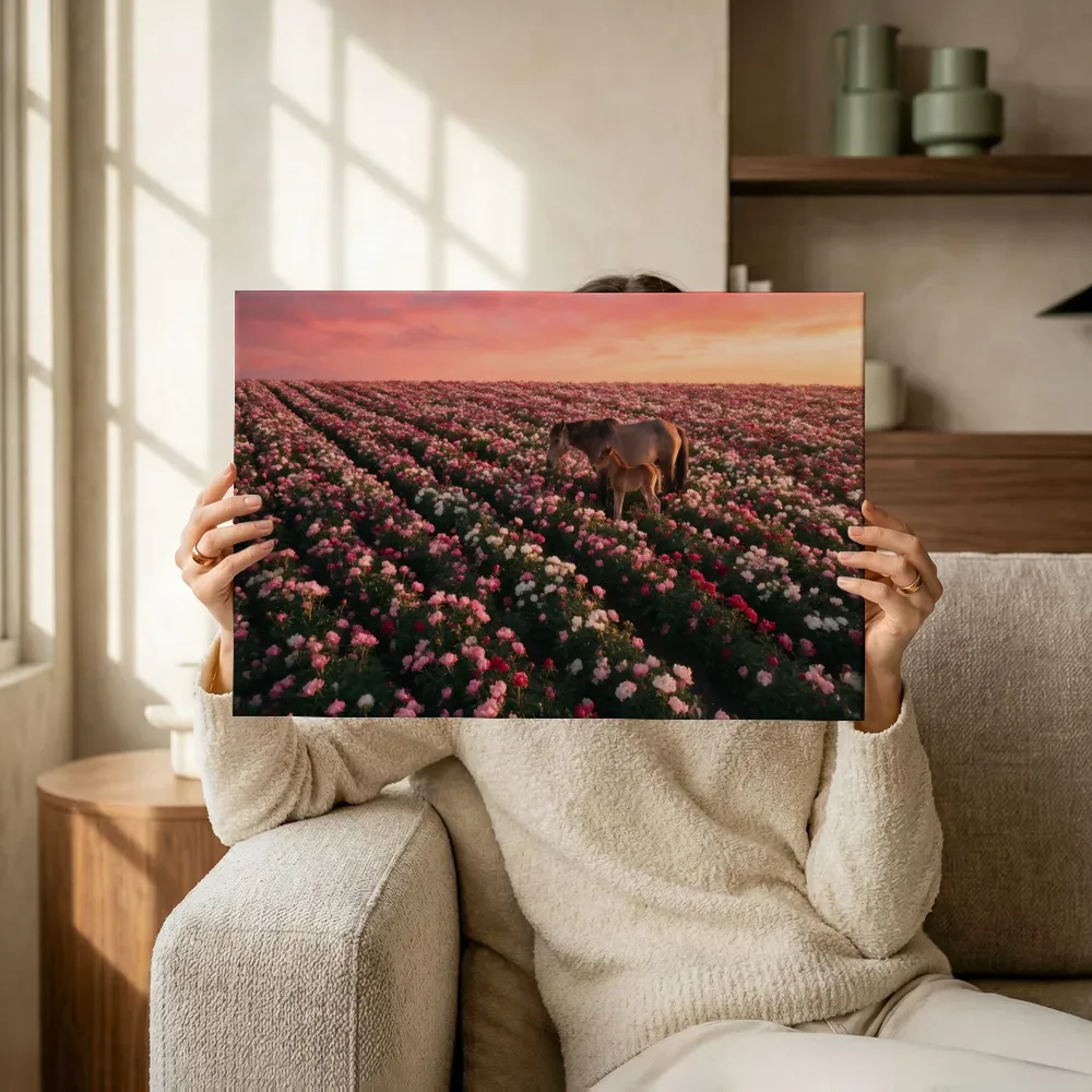 Sfeerimpressie: Pioenroos bij de zonsondergang 2 terwijl het omhoog wordt gehouden