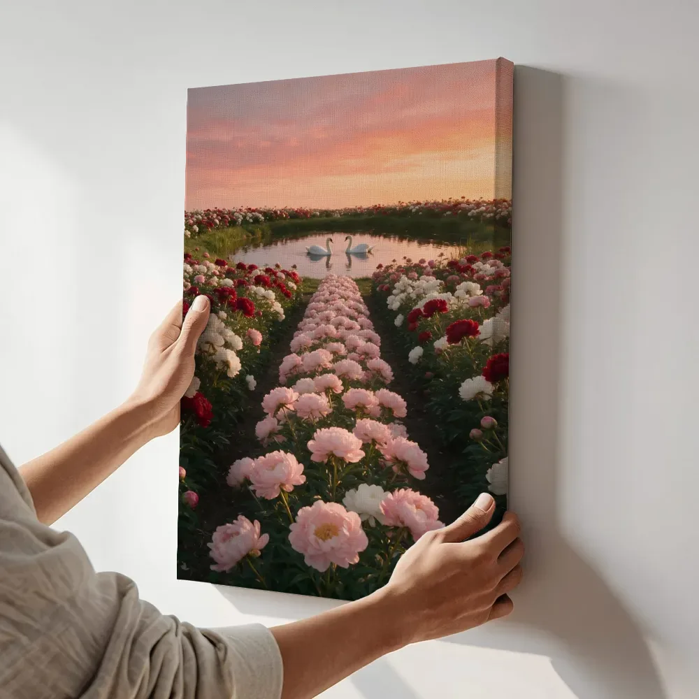 Sfeerimpressie: Pioenroos bij de zonsondergang 6 terwijl het aan de muur wordt gehangen