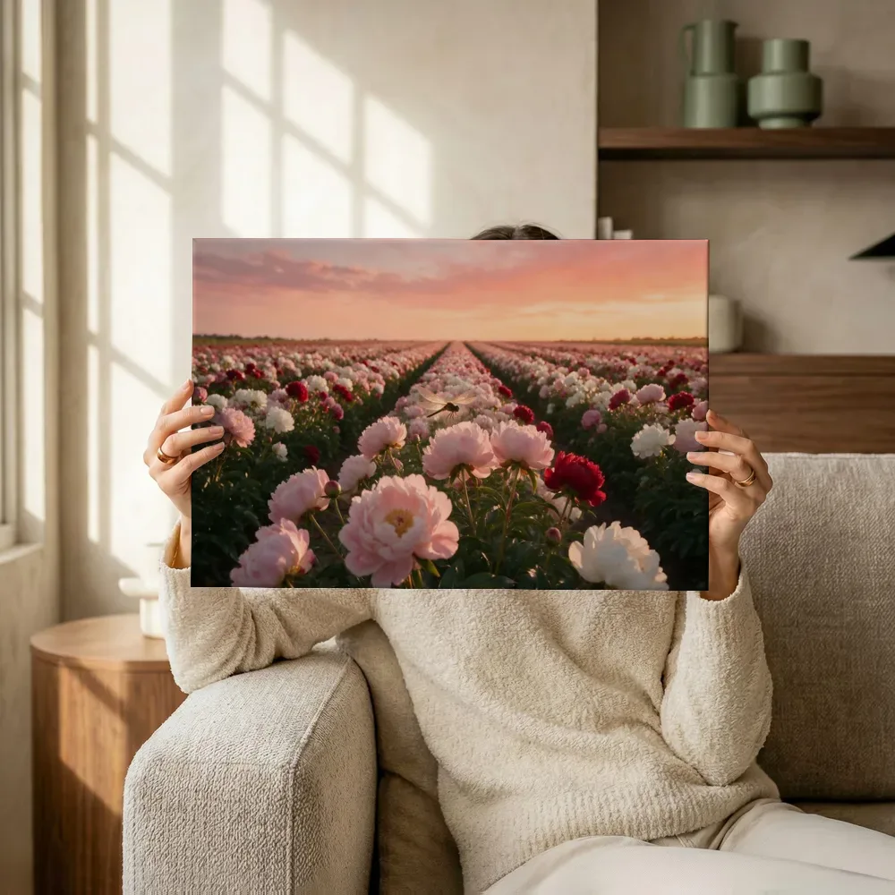 Sfeerimpressie: Pioenroos bij de zonsondergang 8 terwijl het omhoog wordt gehouden