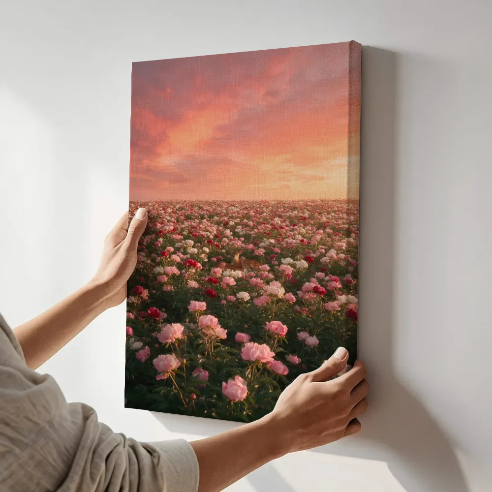 Sfeerimpressie: Pioenroos bij de zonsondergang 9 terwijl het aan de muur wordt gehangen
