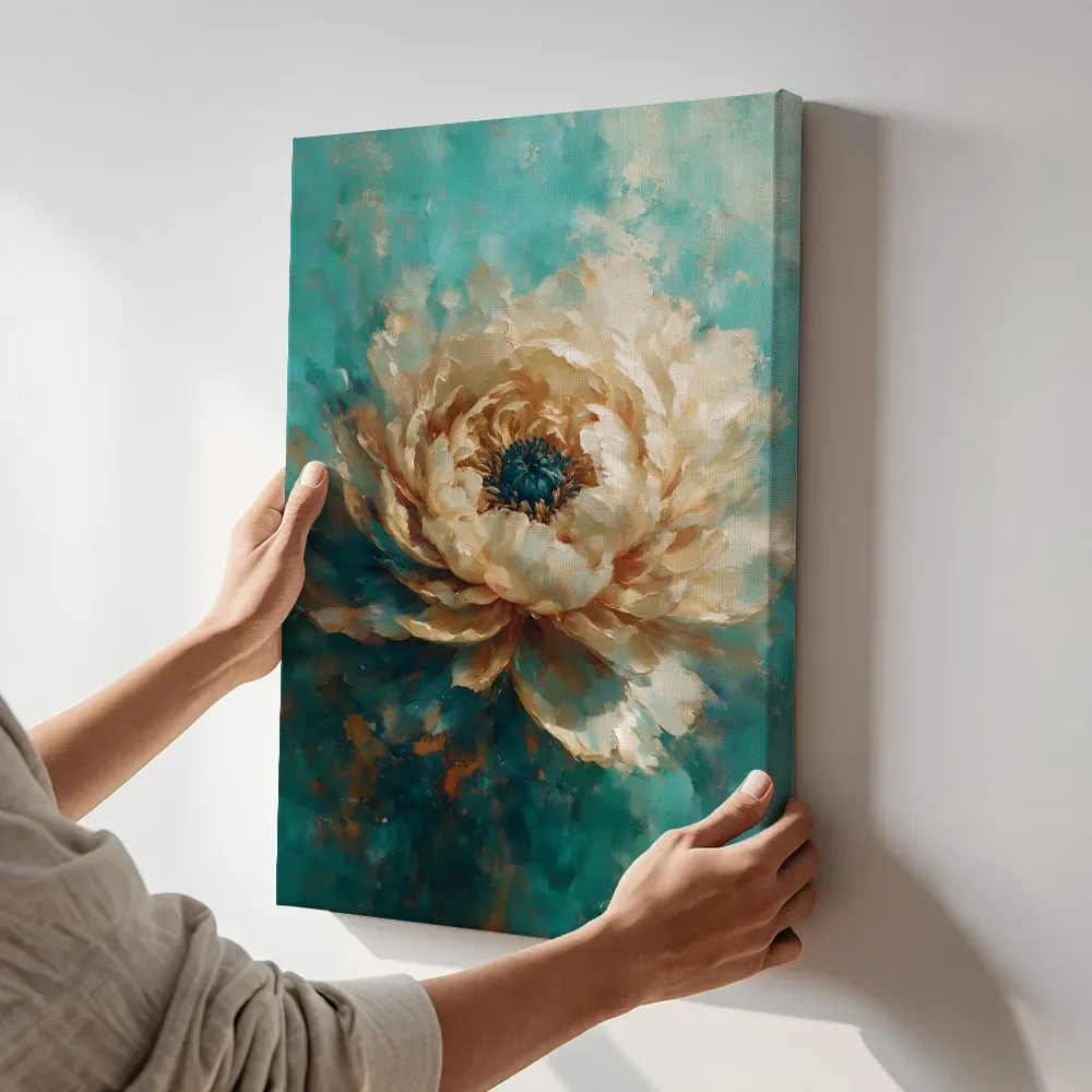 Sfeerimpressie: Pioenroos met oplossende randen in turquoise terwijl het aan de muur wordt gehangen