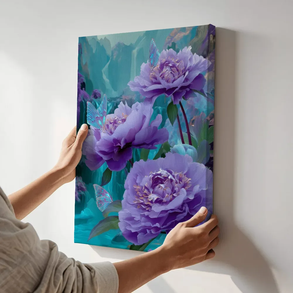 Sfeerimpressie: Pioenrozen bij de bergwaterval terwijl het aan de muur wordt gehangen