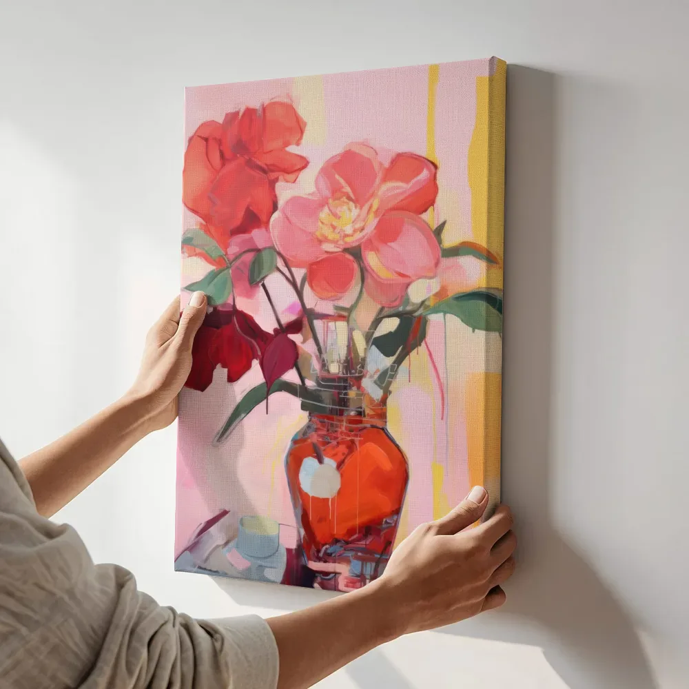 Sfeerimpressie: Pioenrozen in oranje glas terwijl het aan de muur wordt gehangen