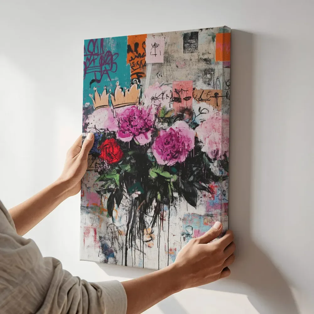 Sfeerimpressie: Pioenrozen met kroontjes terwijl het aan de muur wordt gehangen