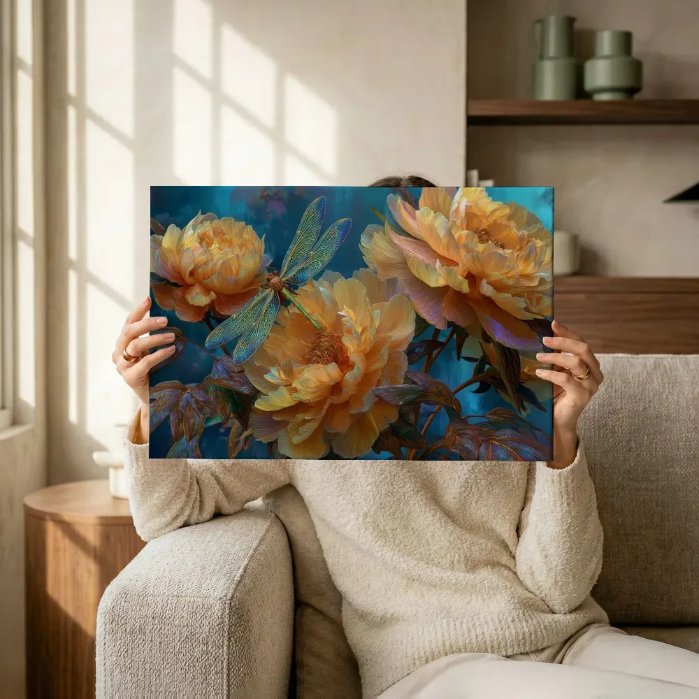 Sfeerimpressie: Pioenrozen met libelle in turquoise nacht terwijl het omhoog wordt gehouden