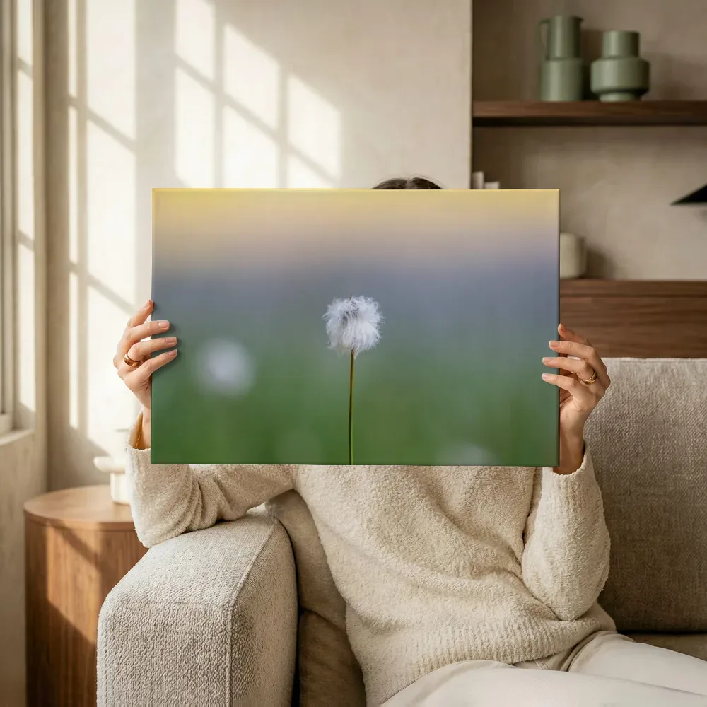 Sfeerimpressie: Pluizige paardenbloem in gouden licht terwijl het omhoog wordt gehouden