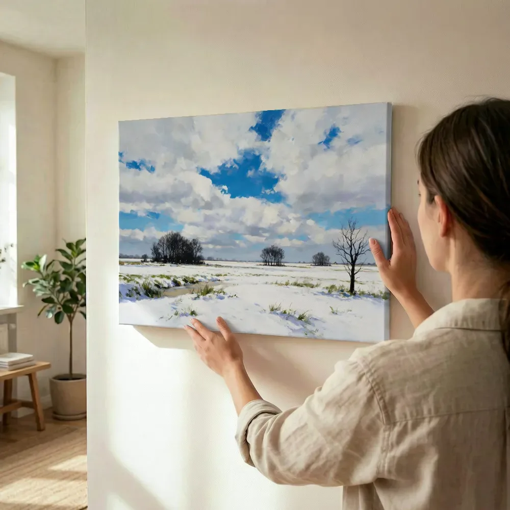 Sfeerimpressie: Polder onder een wolkenlucht in de sneeuw terwijl het wordt opgehangen