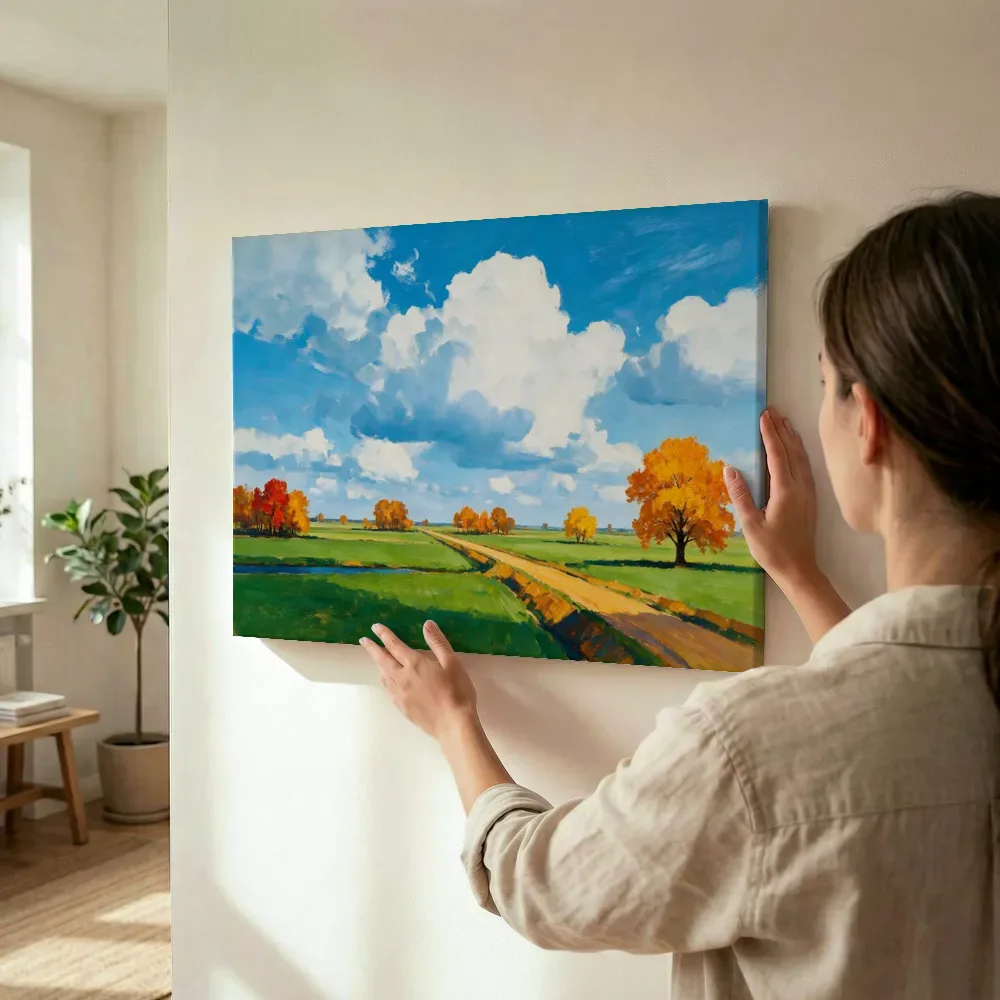 Sfeerimpressie: Polder onder een wolkenlucht in gouden herfst terwijl het wordt opgehangen