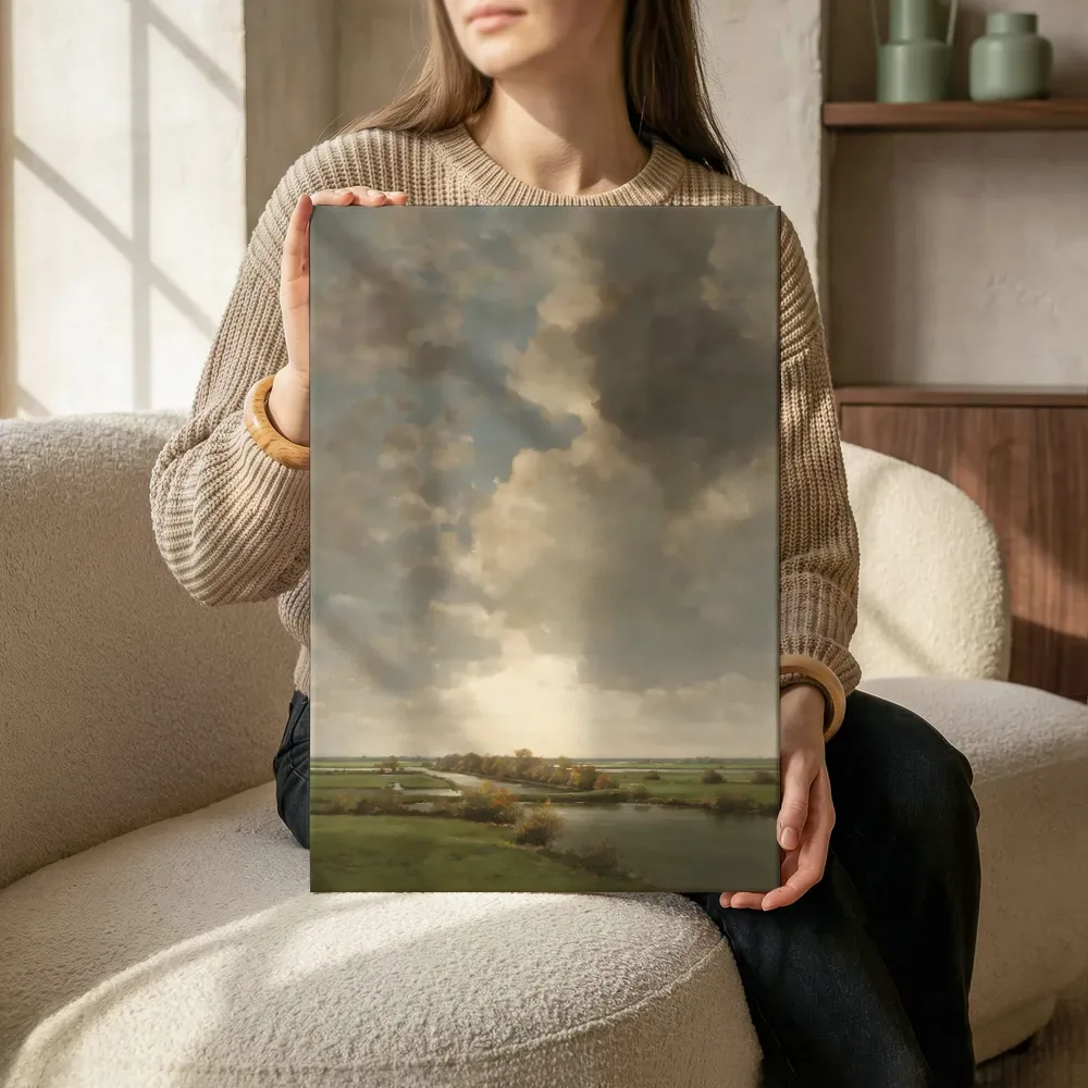 Sfeerimpressie: Polder onder een wolkenlucht in vol licht terwijl het zittend wordt getoond