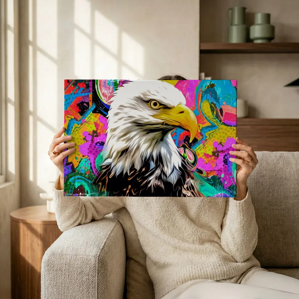 Sfeerimpressie: Pop-art adelaar in profiel terwijl het omhoog wordt gehouden