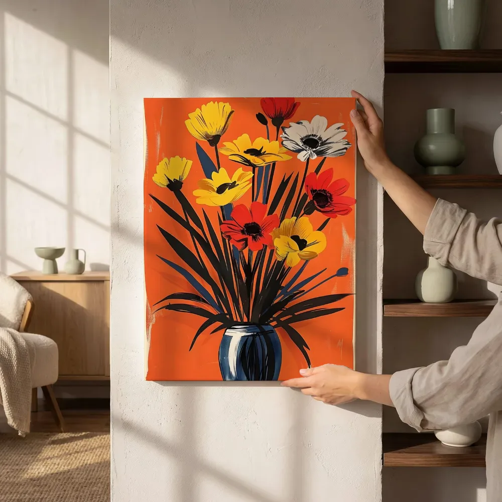Sfeerimpressie: Pop-art bloemenboeket naast de kast
