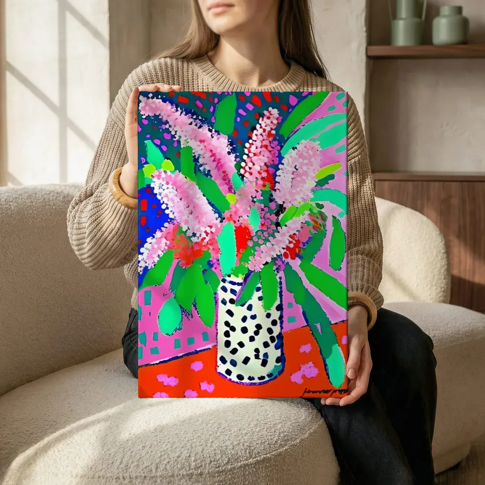 Sfeerimpressie: Pop-art boeket in gestippelde vaas terwijl het zittend wordt getoond