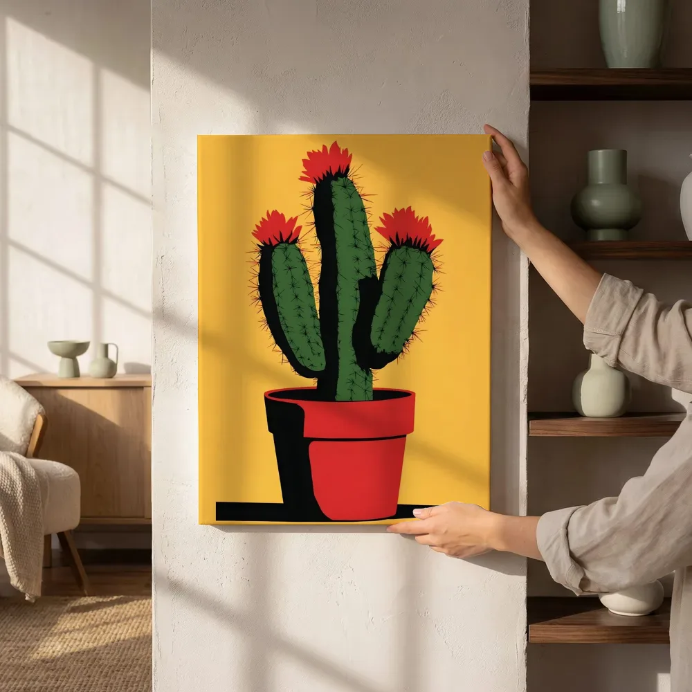 Sfeerimpressie: Pop-art cactus in rode pot naast de kast