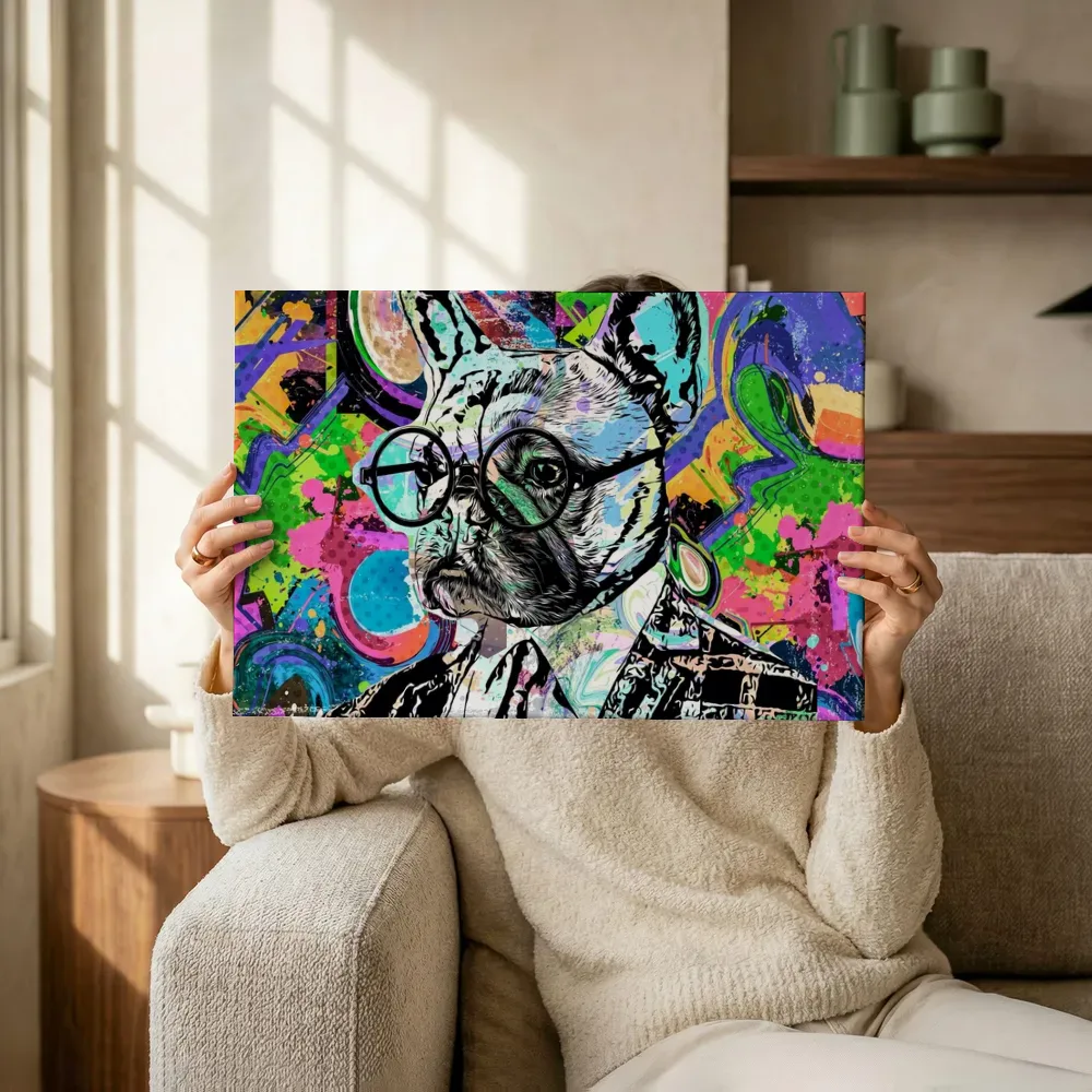 Sfeerimpressie: Pop-art Franse bulldog met bril terwijl het omhoog wordt gehouden