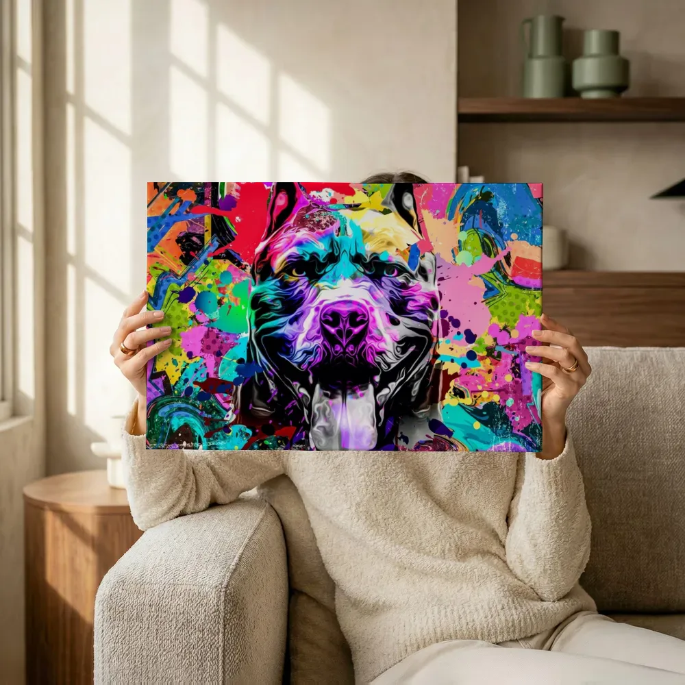Sfeerimpressie: Pop-art hondenkop terwijl het omhoog wordt gehouden
