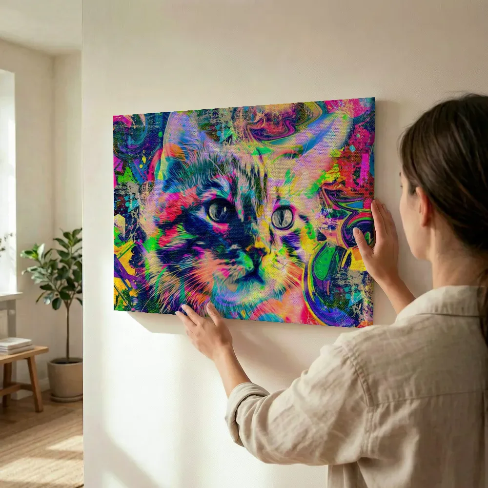 Sfeerimpressie: Pop-art kat close-up terwijl het wordt opgehangen