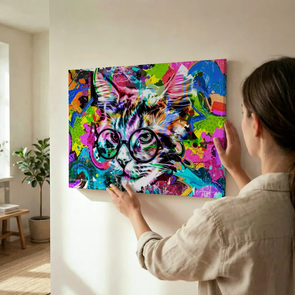 Sfeerimpressie: Pop-art kat met bril terwijl het wordt opgehangen