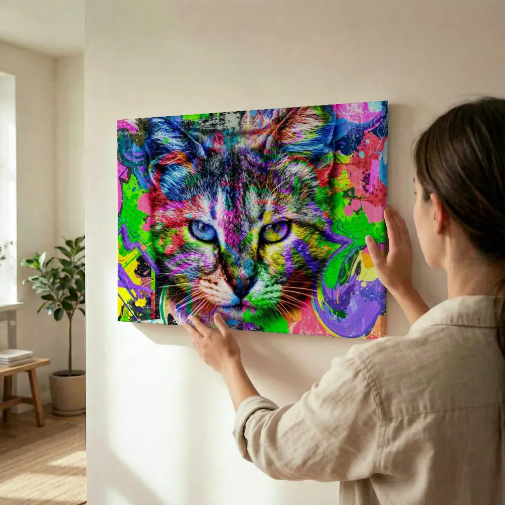 Sfeerimpressie: Pop-art kattengezicht terwijl het wordt opgehangen