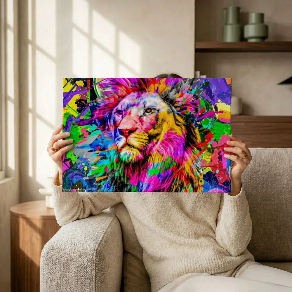 Sfeerimpressie: Pop-art leeuw in profiel terwijl het omhoog wordt gehouden