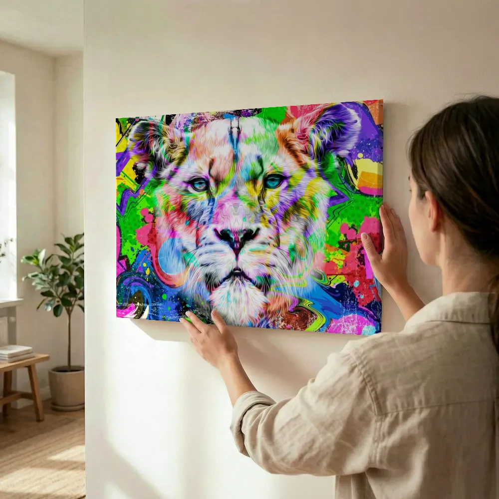 Sfeerimpressie: Pop-art leeuwin terwijl het wordt opgehangen