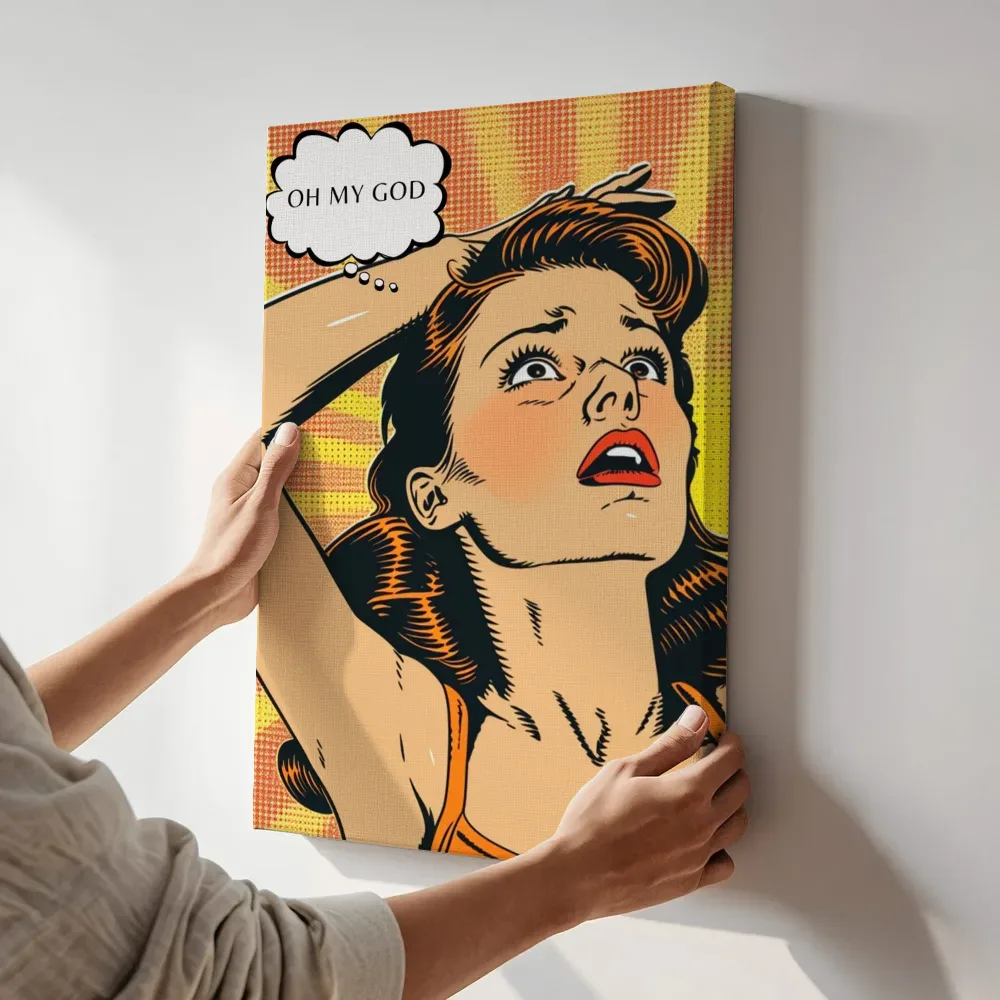 Sfeerimpressie: Pop Art "Oh My God" Comic Vrouw terwijl het aan de muur wordt gehangen