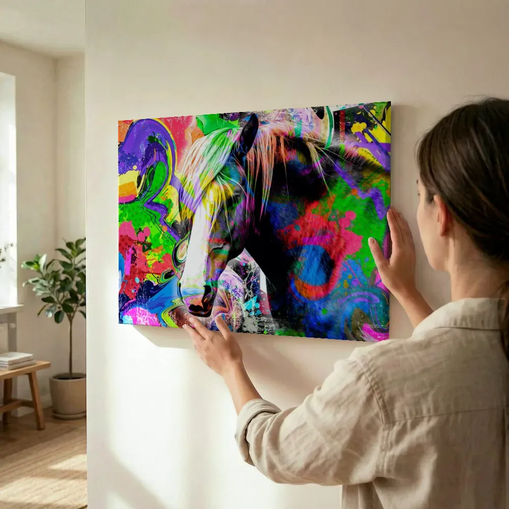 Sfeerimpressie: Pop-art paard in neonkleuren terwijl het wordt opgehangen