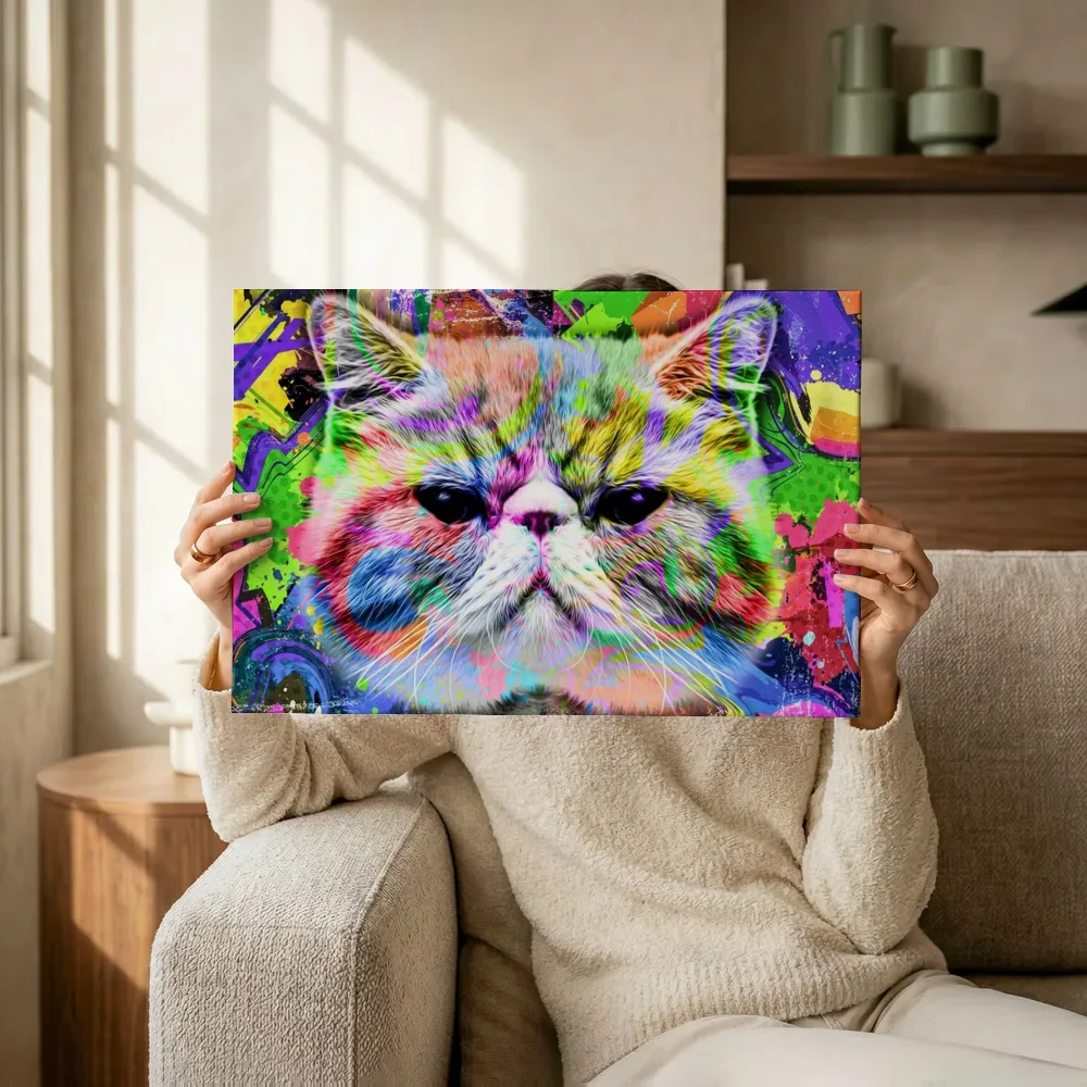 Sfeerimpressie: Pop-art Perzische kat terwijl het omhoog wordt gehouden