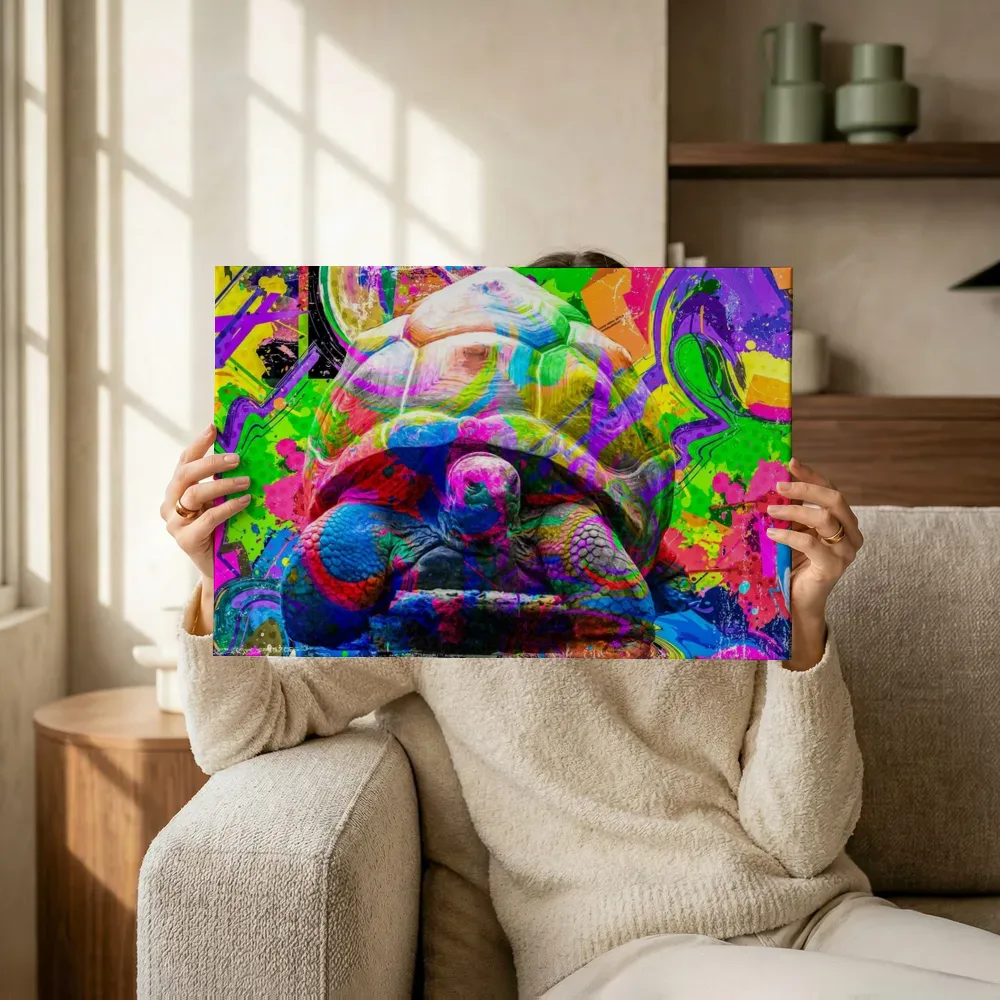Sfeerimpressie: Pop-art schildpad terwijl het omhoog wordt gehouden