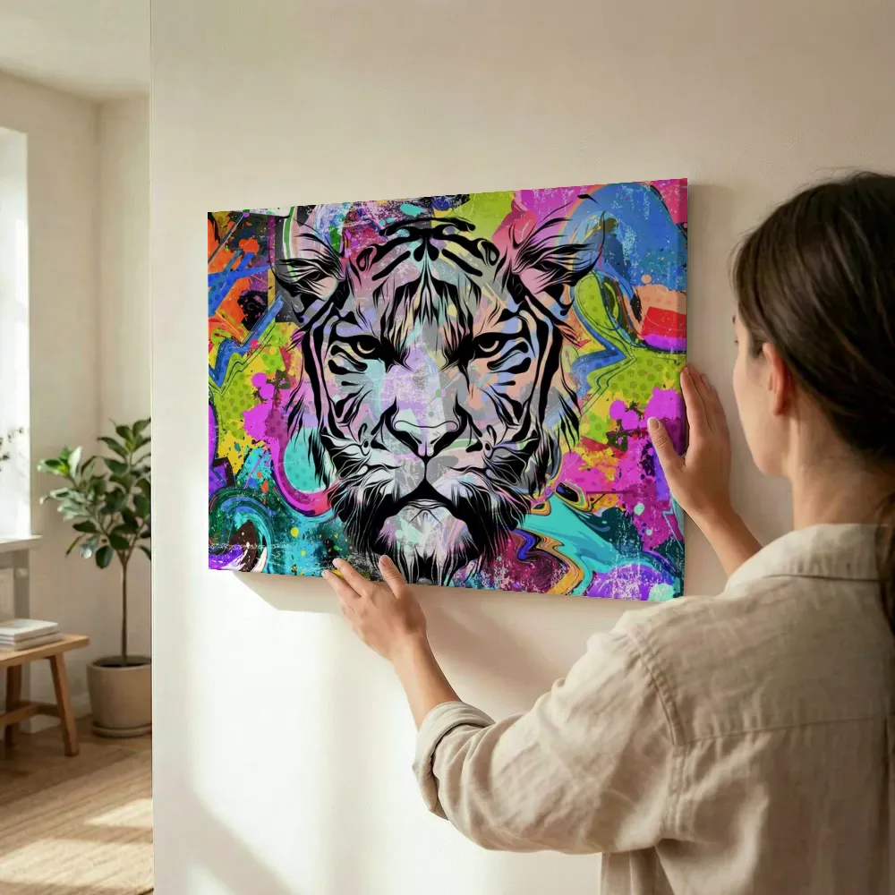 Sfeerimpressie: Pop-art tijger terwijl het wordt opgehangen