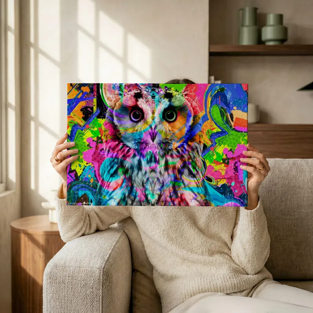 Sfeerimpressie: Pop-art uil terwijl het omhoog wordt gehouden