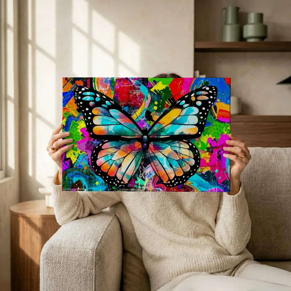 Sfeerimpressie: Pop-art vlinder terwijl het omhoog wordt gehouden