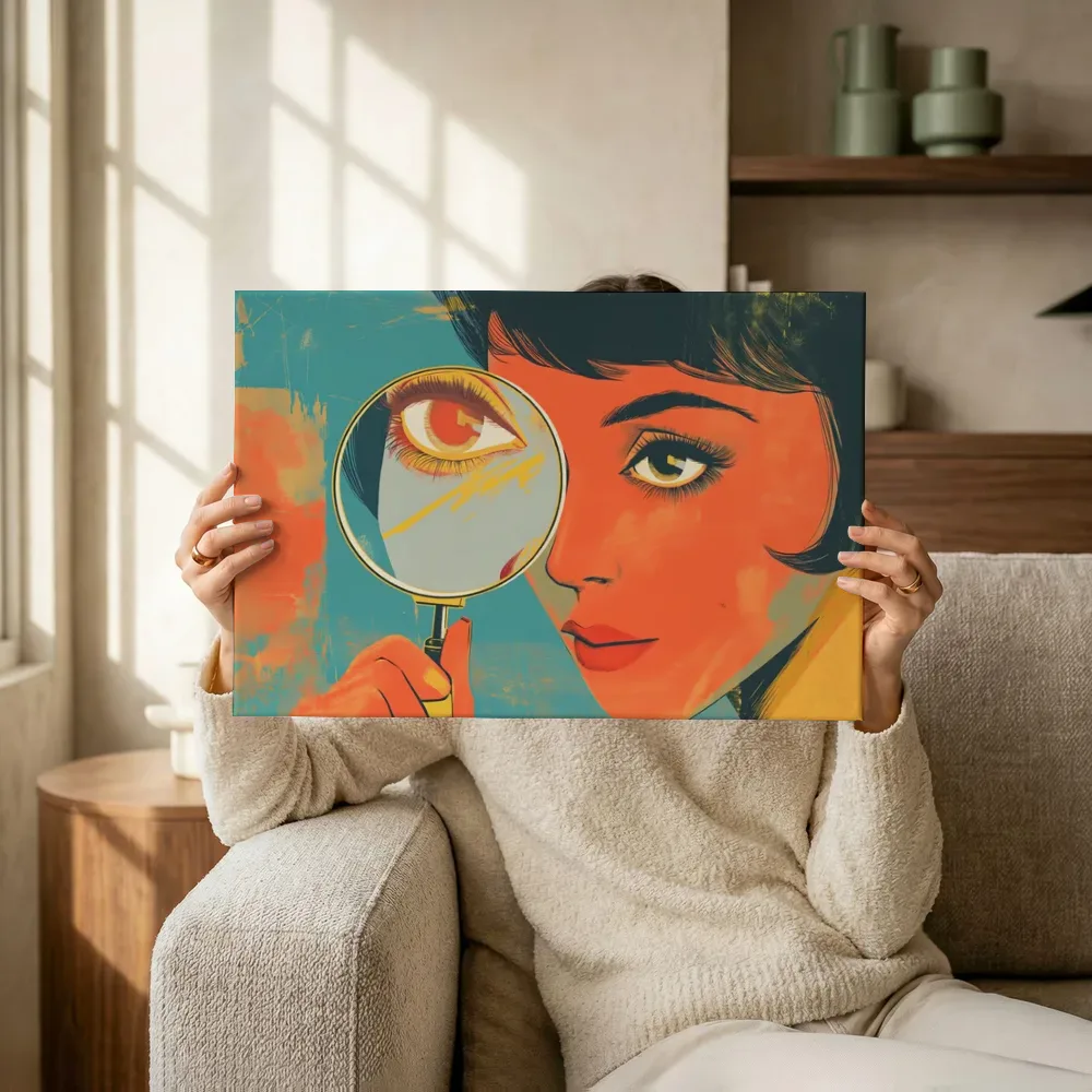 Sfeerimpressie: Pop-art vrouw met vergrootglas terwijl het omhoog wordt gehouden