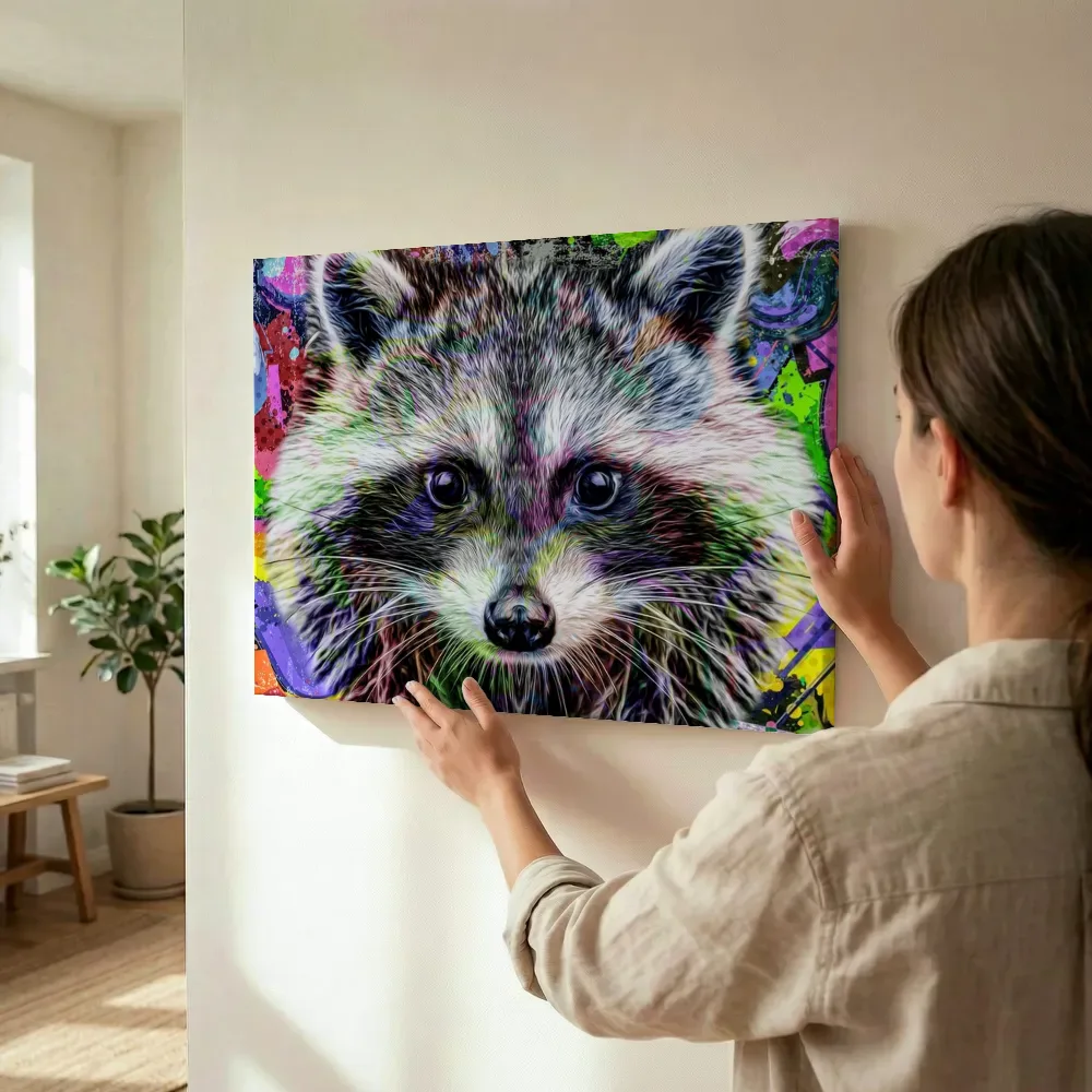 Sfeerimpressie: Pop-art wasbeer terwijl het wordt opgehangen