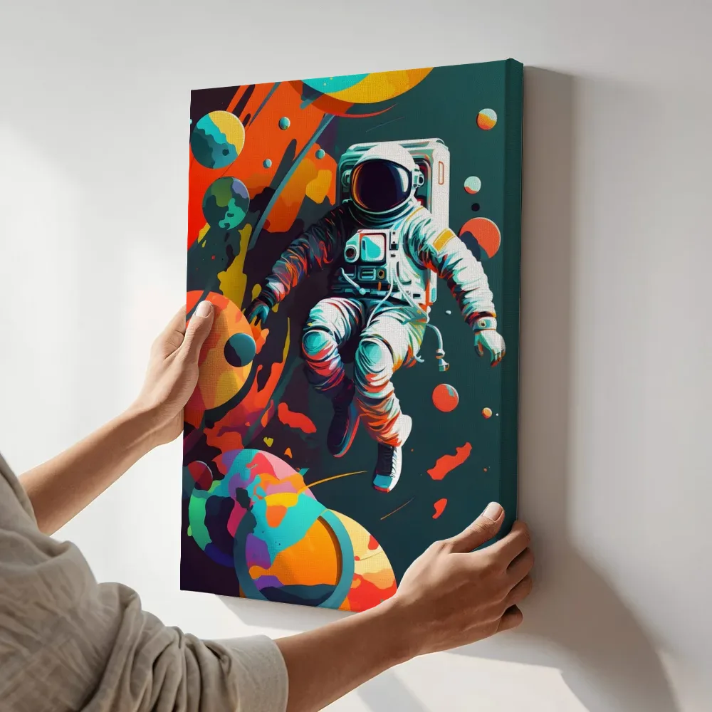 Sfeerimpressie: Popart astronaut tussen de planeten terwijl het aan de muur wordt gehangen