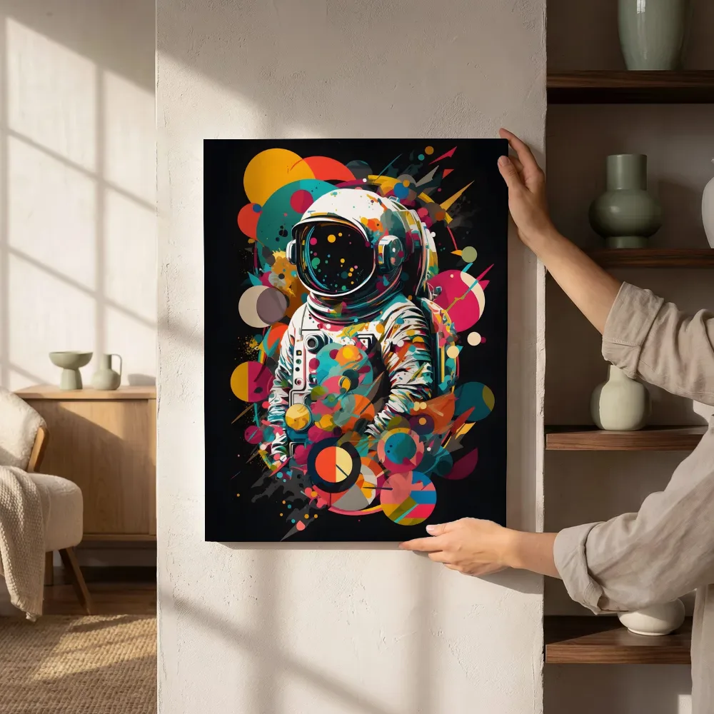 Sfeerimpressie: Popart astronaut tussen planeten naast de kast