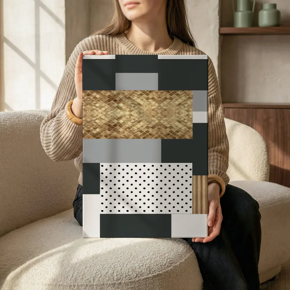 Sfeerimpressie: Popart collage met stippen, goud en hout terwijl het zittend wordt getoond