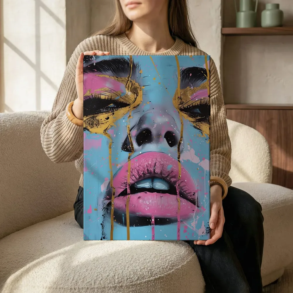 Sfeerimpressie: Popart portret in roze en goud terwijl het zittend wordt getoond