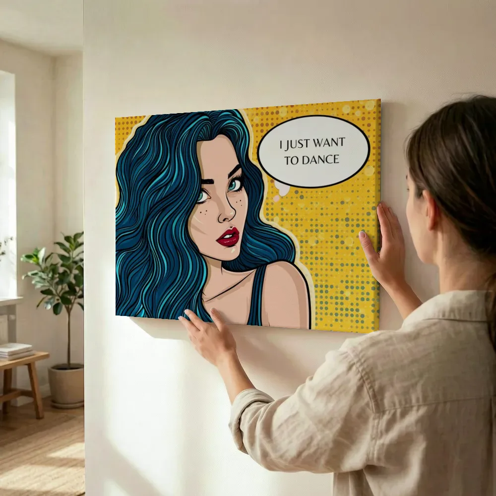 Sfeerimpressie: Pop art vrouw wil dansen terwijl het wordt opgehangen