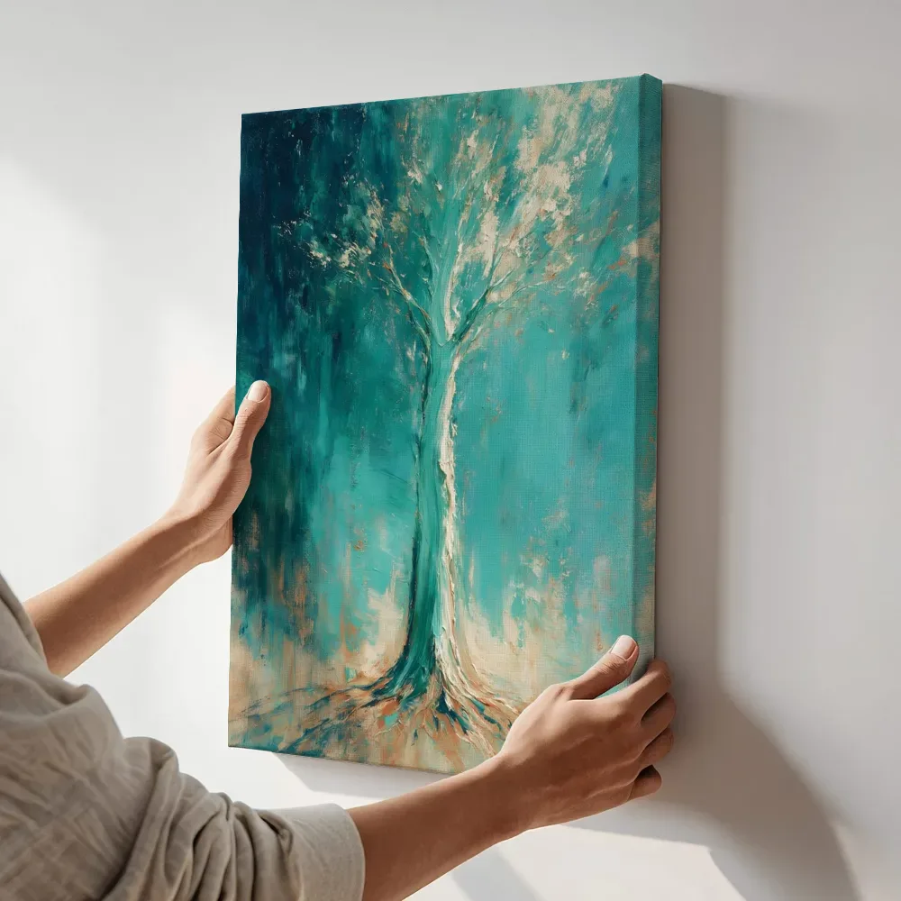 Sfeerimpressie: Populier wortels kroon in turquoise terwijl het aan de muur wordt gehangen